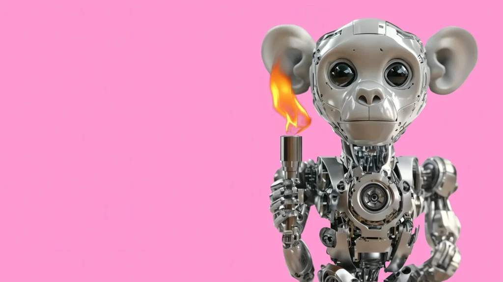 A robot as a primate with a burning torch. AI-generated visual.